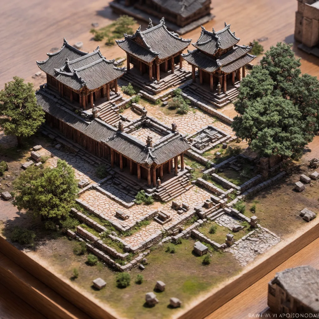 L'image montre une maquette d'une maison de cour traditionnelle chinoise. La cour est entourée de quatre bâtiments, chacun avec un toit de tuiles et des portes et fenêtres en bois. Au centre de la cour se trouve un arbre et quelques arbustes. La maquette est faite de bois, de pierre et d'autres matériaux, et elle est très détaillée.