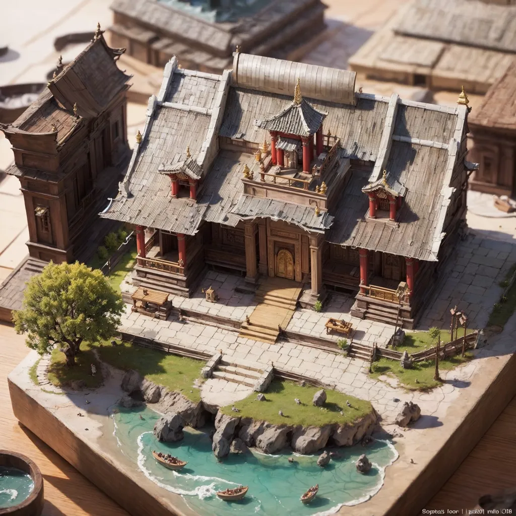 A imagem mostra uma diorama de uma casa de pátio tradicional chinesa. A casa é feita de madeira e tem um telhado cinza de telhas. Ela é cercada por um muro e tem um pátio no centro. Há árvores e um lago no pátio. Também há alguns barcos na água. A diorama é muito detalhada e realista.