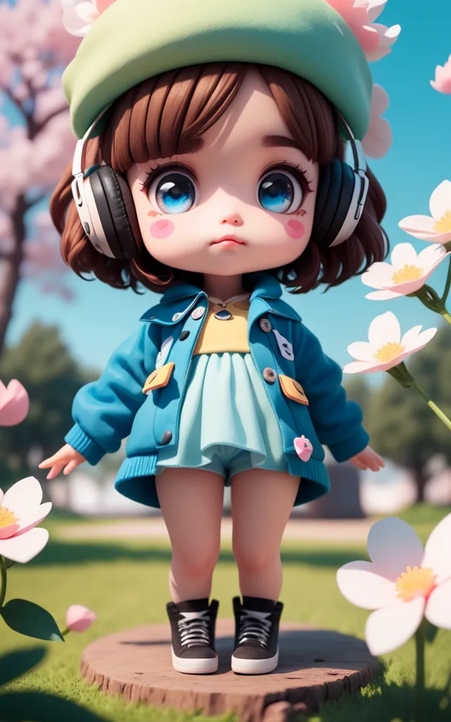 The image shows a chibi girl with brown hair and blue eyes. She is wearing a green beret, a blue jacket, a yellow shirt, and a pair of headphones. She is also wearing a pair of shorts and a pair of sneakers. She is standing on a small patch of grass and there are some flowers and trees in the background. The image is very cute and colorful.