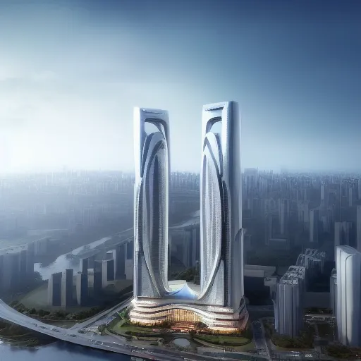 A imagem mostra uma cidade futurista com dois arranha-céus em forma de arco. Os edifícios são feitos de vidro e aço e têm uma superfície reflexiva. Há outros edifícios altos ao fundo e um rio pode ser visto no primeiro plano.