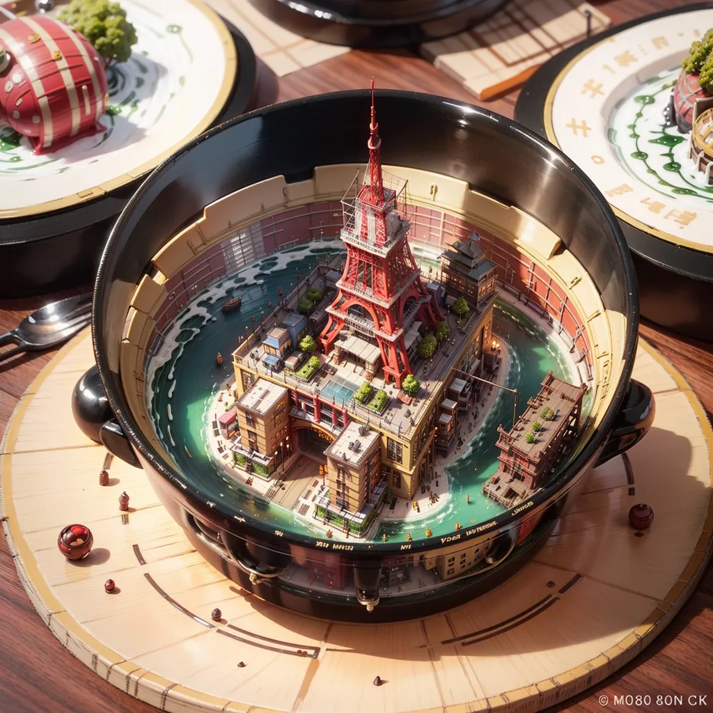 The image is a digital rendering of a miniature city inside a bowl. The city is made up of various buildings, including skyscrapers, houses, and temples. There is also a river running through the city. The bowl is sitting on a wooden table. The image is very realistic and detailed.