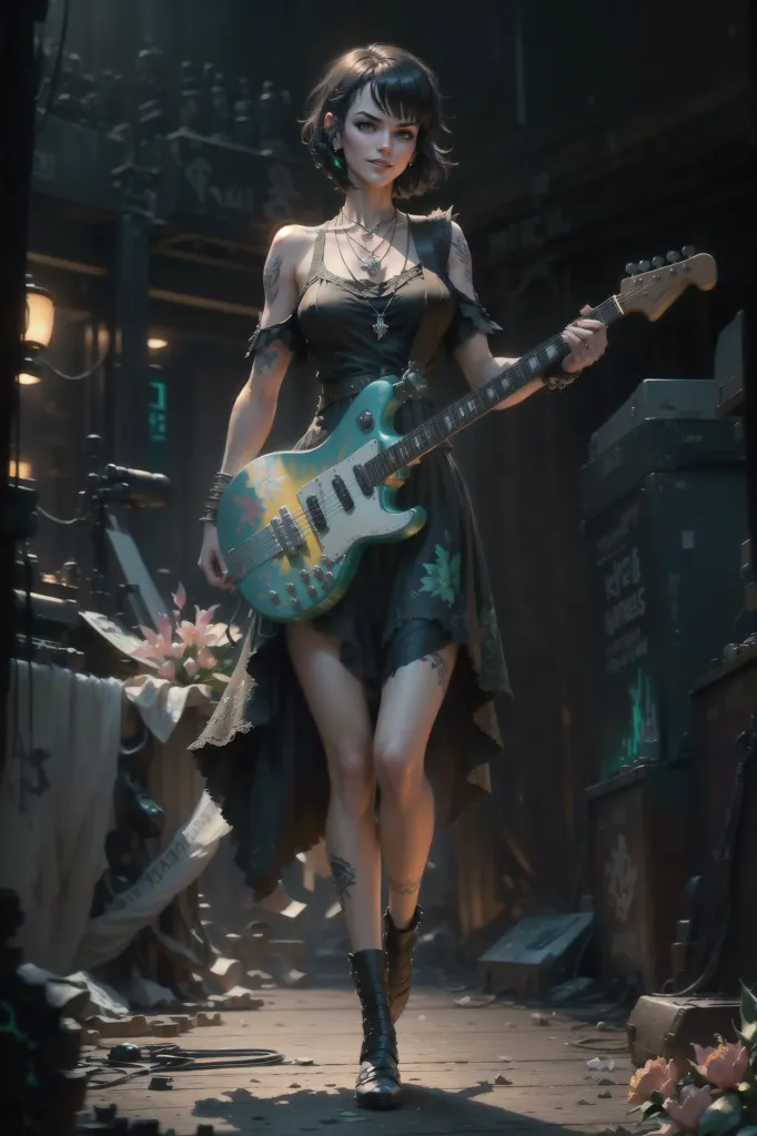 The image is of a young woman playing an electric guitar. She is standing in a dark room, with a spotlight shining on her. She is wearing a black dress with a tattered skirt and a pair of black boots. She has a necklace with a pendant in the shape of a skull, and her arms are covered in tattoos. Her hair is short and dark, and her eyes are a light blue color. She is playing a blue and green electric guitar, and she has a confident expression on her face.