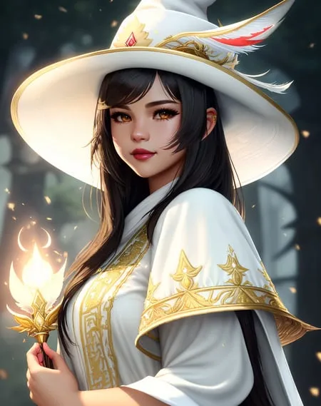 The image shows a young woman with long, dark hair and brown eyes. She is wearing a white hat with a wide brim and a white robe with gold trim. The robe has a high collar and is open at the front, showing a white camisole underneath. She is also wearing a brown belt with a gold buckle. The woman is standing in a forest, and there are trees and leaves in the background. She is holding a staff in her right hand, and there is a small flame at the top of the staff. The woman has a serious expression on her face, and she looks like she is about to cast a spell.