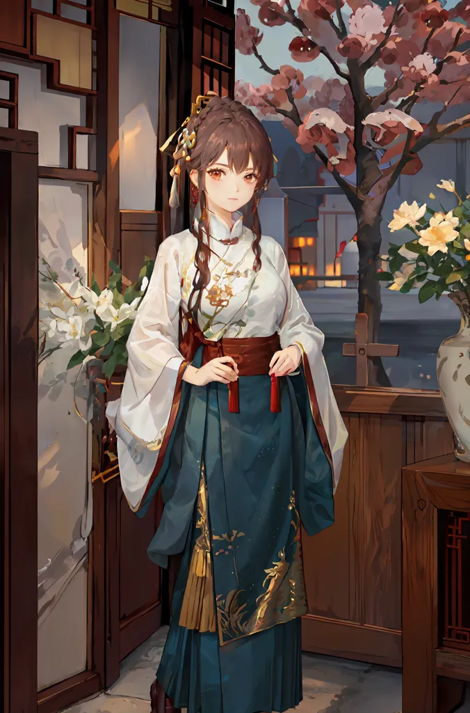 A imagem mostra uma jovem mulher em pé em um pátio tradicional chinês. Ela está vestindo um hanfu branco e azul com uma faixa vermelha e tem o cabelo preso em um coque. O pátio é decorado com flores e plantas, e há um vaso com flores sobre a mesa. A mulher olha para o espectador com um sorriso no rosto.