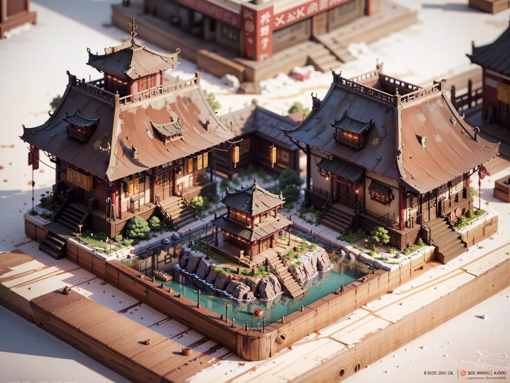 The image shows a diorama of a traditional Chinese courtyard. The courtyard is surrounded by buildings with tiled roofs and red lanterns. There is a pond in the center of the courtyard with a small bridge leading to a pavilion. The courtyard is surrounded by a wooden fence.