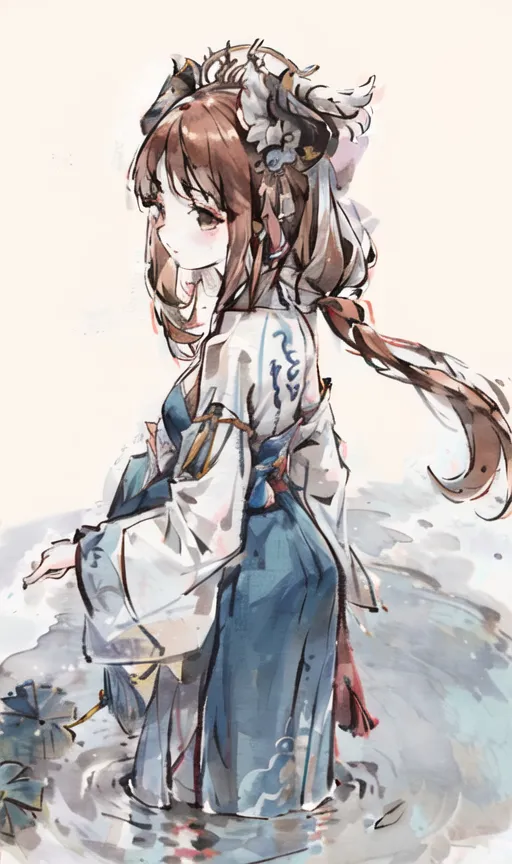 The image is a painting of a girl in a white and blue dress with long brown hair and brown eyes. She is standing in a shallow body of water, with her feet showing through the water. She is looking to the side with a slight smile on her face. The painting has a soft, dreamlike quality, and the colors are muted and ethereal.