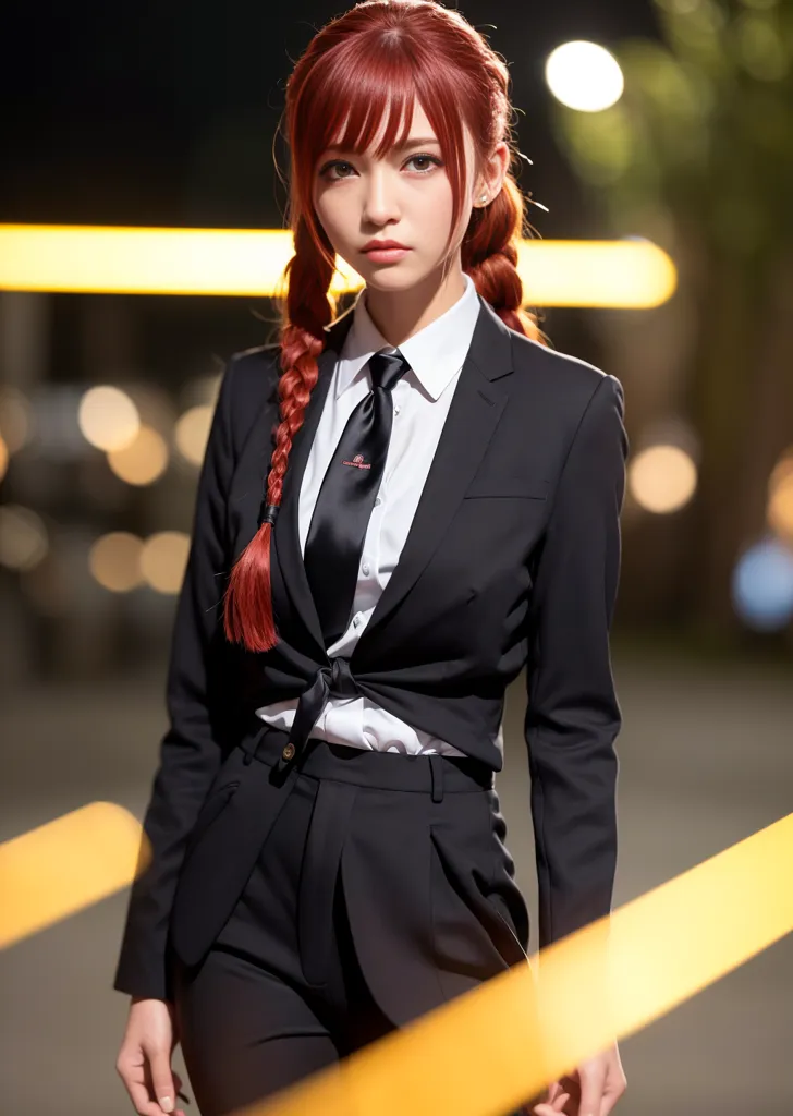 This is an image of a young woman with long red hair and red eyes. She is wearing a black suit and tie. The image is set in a dark room with yellow lights in the background. The woman is looking at the camera with a serious expression.