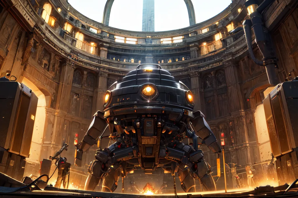 The image is a dark and grungy scene of a giant robot in a ruined building. The robot is in the center of the image, and it is surrounded by debris and broken machinery. The robot is made of metal, and it has a large, round body with four legs. The robot's head is small and round, and it has a single, glowing eye. The robot is also covered in strange symbols and writing. The background of the image is a large, ruined building. The building is made of stone, and it has a large, arched ceiling. The building is in disrepair, and there are large holes in the walls and ceiling. The image is full of atmosphere, and it is clear that the robot is a powerful and dangerous machine.