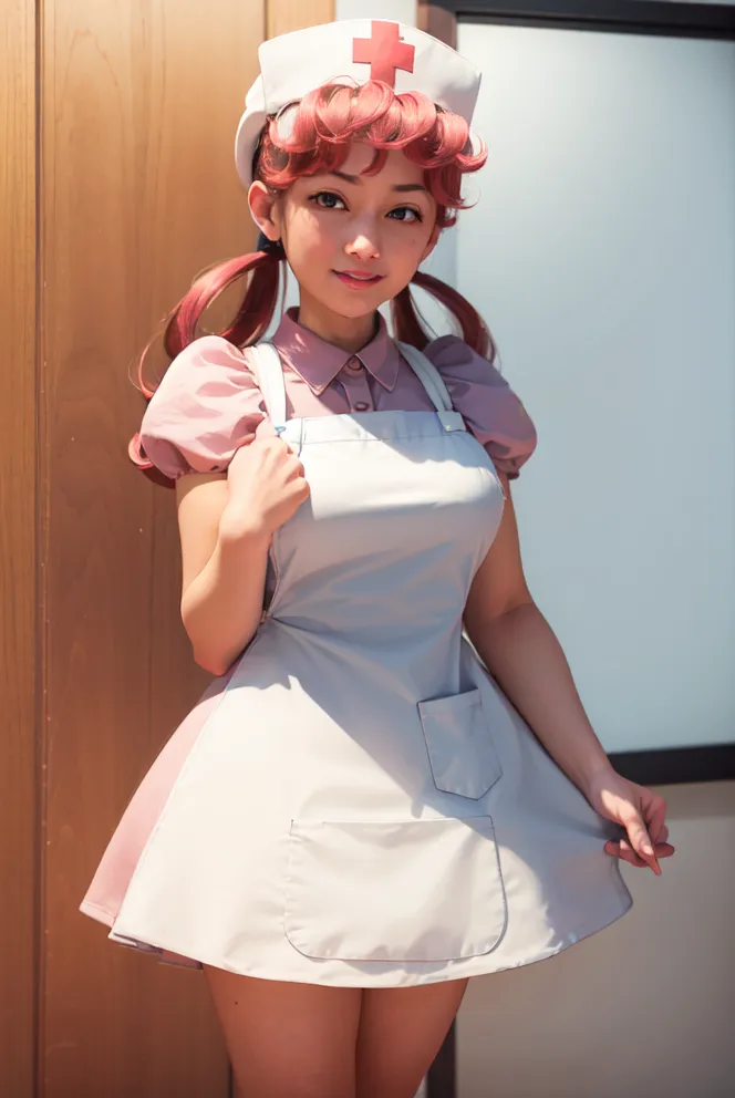 The image shows a young woman dressed in a pink and white nurse's outfit. She has short pink hair styled in twin pigtails and a matching pink hat with a red cross on the front. The outfit consists of a short-sleeved pink blouse, a white apron, and a short pink skirt. She is standing in front of a wooden door, and she has a confident smile on her face.