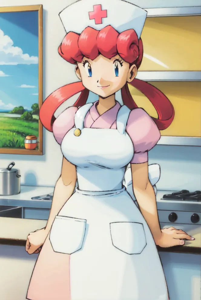 The image shows a young woman with pink hair and blue eyes. She is wearing a white and pink nurse's uniform with a red cross on her hat. She is standing in a kitchen, leaning against the counter with a confident smile on her face. There is a window behind her showing a field of grass and a blue sky.