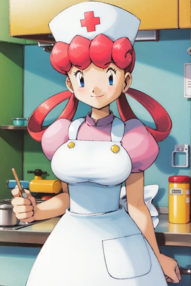 The image shows a young woman with pink hair and blue eyes. She is wearing a white apron over a pink dress with a red cross on her hat, indicating that she is a nurse. She is standing in a kitchen, holding a pencil in one hand, with various cooking utensils and ingredients on the counter behind her.