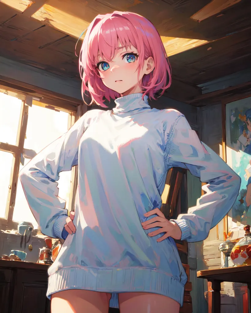 The image is a painting of a young woman with pink hair and blue eyes. She is wearing a white turtleneck sweater that is slightly off her shoulders. She has her hands on her hips and is looking at the viewer with a slightly defiant expression. She is standing in a room with a wooden beamed ceiling and a large window to her left. There is a table with a vase of flowers on it to her right.