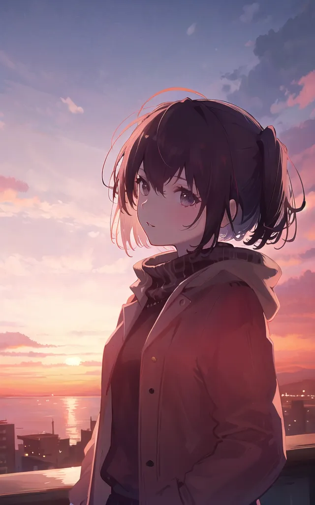 The image is a painting of a girl looking out over a cityscape at sunset. The girl is wearing a red jacket and has brown hair tied back in pigtails. The sky is a gradient of orange and pink, and the sun is setting over the city. The city is in the distance and is made up of tall buildings. The girl is standing on a rooftop or other high place, and she is looking down at the city. The painting is done in a realistic style, and the colors are vibrant and lifelike.