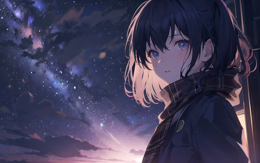 The image is a painting of a young woman looking up at the night sky. She has short blue hair and purple eyes. She is wearing a black jacket and a white scarf. The background is a dark blue night sky with many stars.