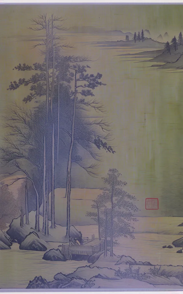 The image is a Chinese painting in the style of the Song dynasty. It depicts a lake with a distant mountain range in the background. The foreground is dominated by a group of pine trees, painted in a realistic style with fine detail. The trees are depicted with a variety of different textures, from the smooth bark of the trunk to the rough needles of the leaves. The painting is done in a muted color palette, with the greens of the trees and the blues of the water and sky being the most prominent colors. The painting is also notable for its use of negative space, with the large areas of empty water and sky serving to emphasize the beauty of the trees.