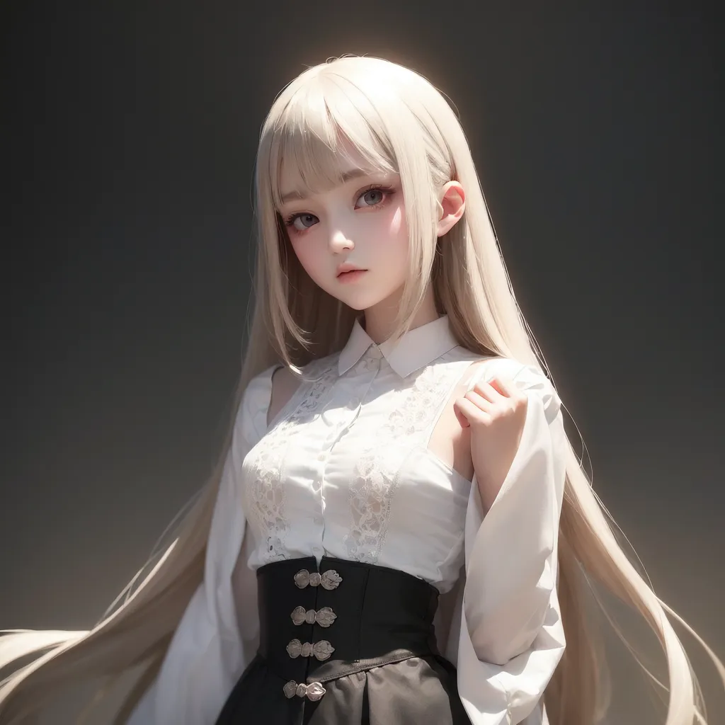 The image shows a beautiful anime girl with long white hair and light purple eyes. She is wearing a white blouse with a black corset and a black skirt. The blouse has a white lace collar and the corset has gold buttons. The girl is standing in front of a dark grey background and she is looking at the viewer with a serious expression.