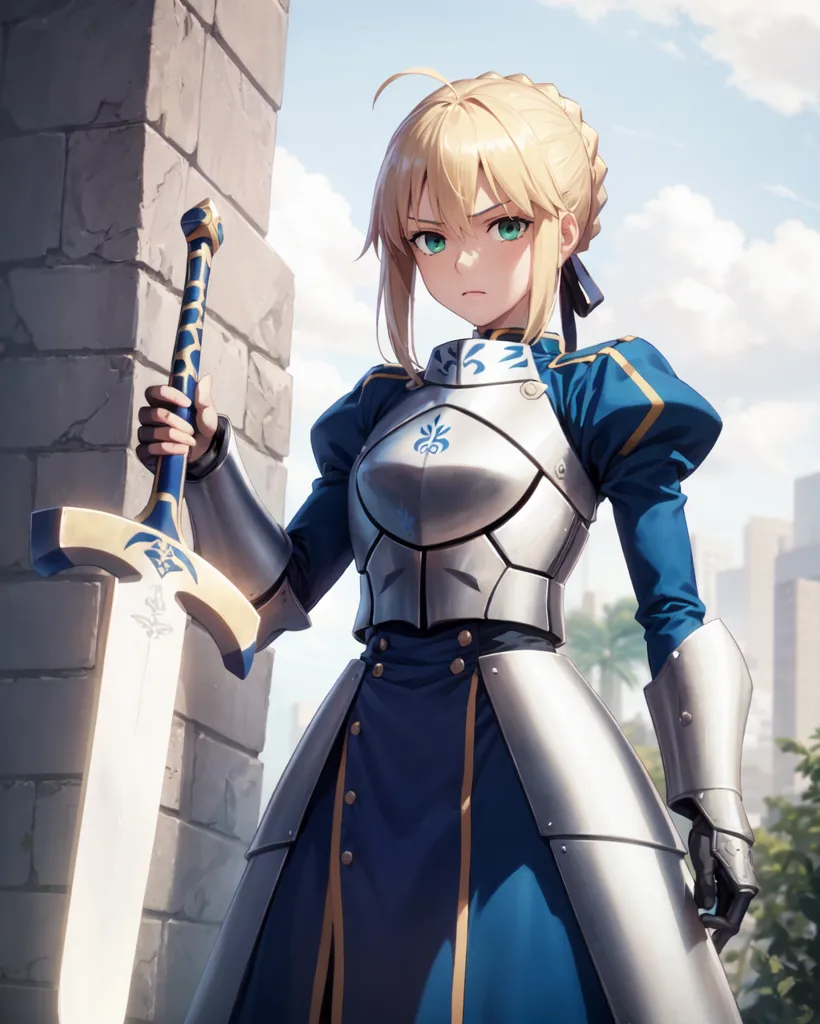 The image is of a young woman with blonde hair and green eyes. She is wearing a blue and white dress with a white cape. She is also wearing a breastplate and a sword. She is standing in front of a stone wall. There is a city in the background.