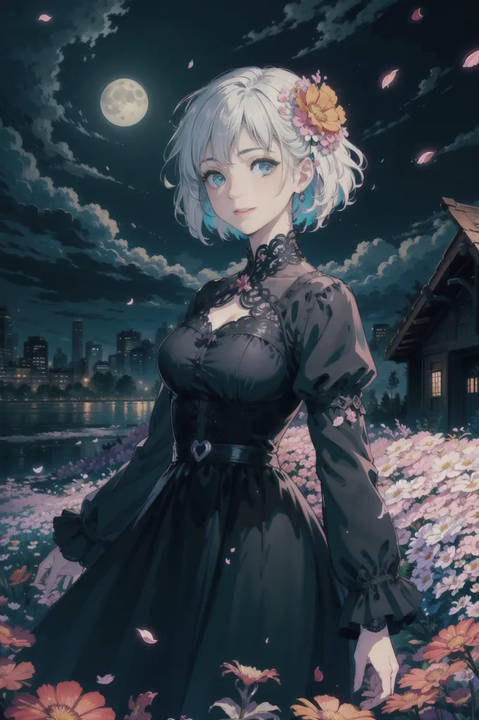 The image is a painting of a young woman standing in a field of flowers. The woman is wearing a black dress with a white collar. She has white hair and blue eyes. There are flowers in her hair. The background is a night sky with a full moon. There is a house in the distance. The painting is in a realistic style.