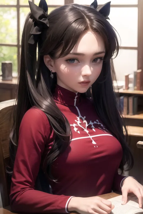 The image shows a beautiful young woman with long, dark brown hair and blue eyes. She is wearing a red cheongsam with a white collar and black trim. Her hair is tied up in two ponytails with black bows. She is sitting at a desk, reading a book. The background is a blurred image of a library.