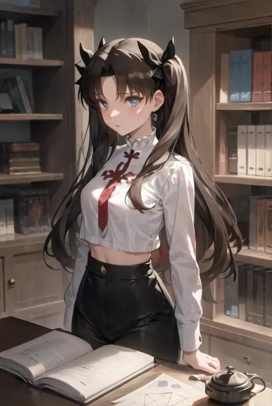 The image is of a young woman with long brown hair and red eyes. She is wearing a white cropped dress shirt, black pants, and a red tie. She is standing in a library, surrounded by bookshelves. There is a book open on a desk in front of her, and she has one hand resting on the desk while the other is holding the book open.