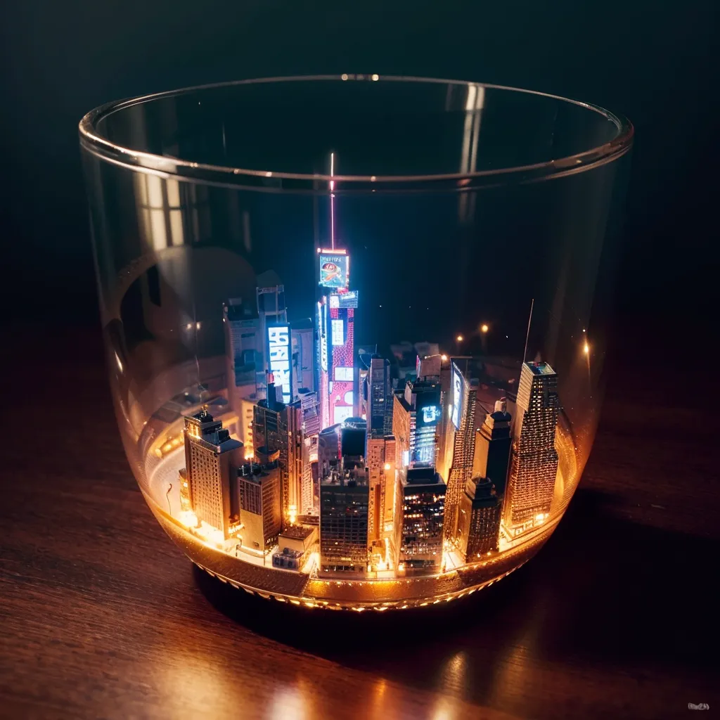 L'image est un rendu 3D d'une ville miniature à l'intérieur d'un dôme de verre. La ville est composée de grands bâtiments, et le dôme repose sur une table en bois. La ville est illuminée par des lumières vives, et le reflet des lumières peut être vu sur le dôme de verre.