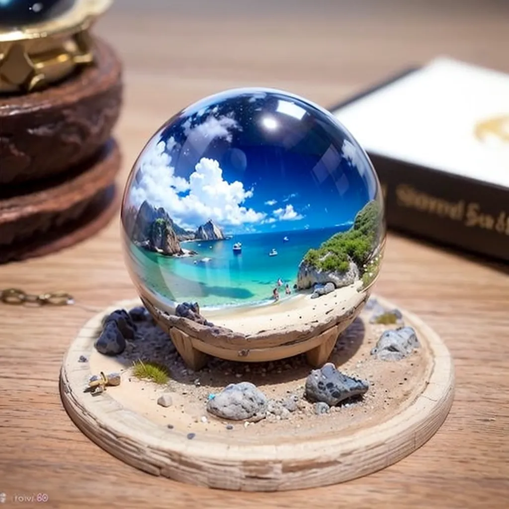 The image shows a glass ball on a wooden stand. Inside the glass ball, there is a beach with a blue sea. The beach is made of white sand and there are some green trees. There are also some rocks in the water. The sky is blue and there are some white clouds. The glass ball is sitting on a wooden stand that has some sand and pebbles on it. There is a book and a pocket watch sitting next to the glass ball.