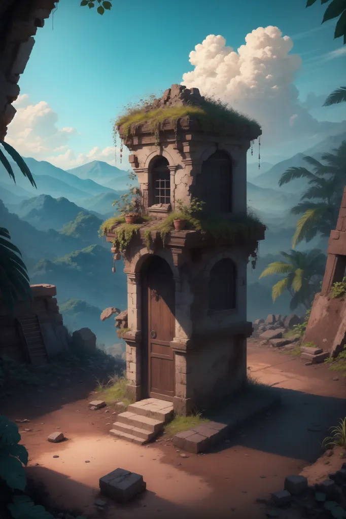 The image shows a small, overgrown watchtower. The tower is made of stone and has a wooden door. There is a window on the second floor and a small balcony with plants growing on it. The tower is located in a jungle clearing, and there are mountains in the background.