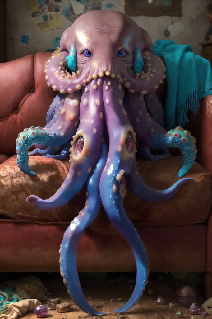 The image shows a purple octopus-like creature sitting on a red velvet couch. The creature has blue eyes and blue suckers on its tentacles. It is wearing a turquoise blanket around its neck. The couch is in a room with a wooden floor and a few pieces of furniture. There is a blue curtain in the background. The image is dark and moody.