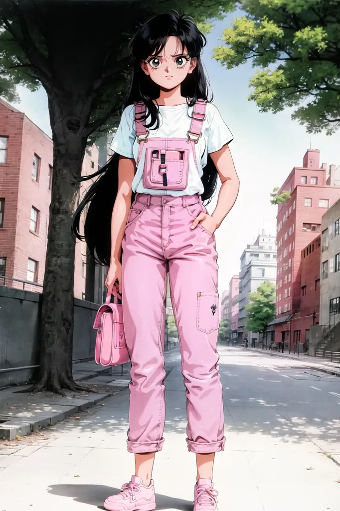 The image is of a young woman with long black hair and pink clothes. She is wearing a white shirt, pink overalls, and pink sneakers. She is also carrying a pink purse. The woman is standing in an urban setting, with buildings and trees in the background. The image has a retro, anime-like style.