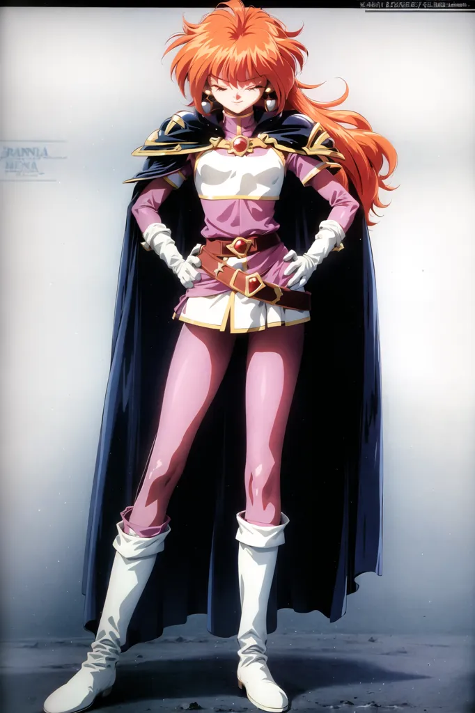 The picture shows a young woman with an hourglass figure. She is wearing a purple and pink outfit with a long blue cape. She has long red hair and orange eyes. She is standing with her feet shoulder-width apart, her hands on her hips, and a confident expression on her face.