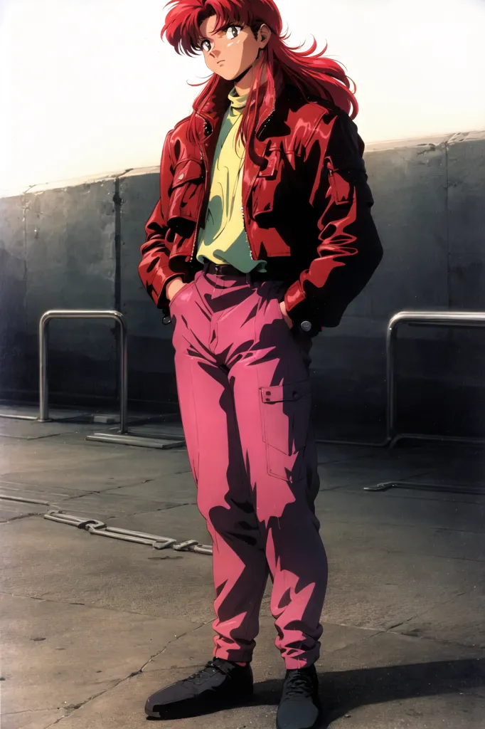 This is an image of a young man with long red hair. He is wearing a red jacket, a yellow turtleneck sweater, and pink pants. He has his hands in his pockets and is standing in front of a concrete wall. There are metal fences on either side of him. The background is a gradient from light blue to white. The man's expression is serious.