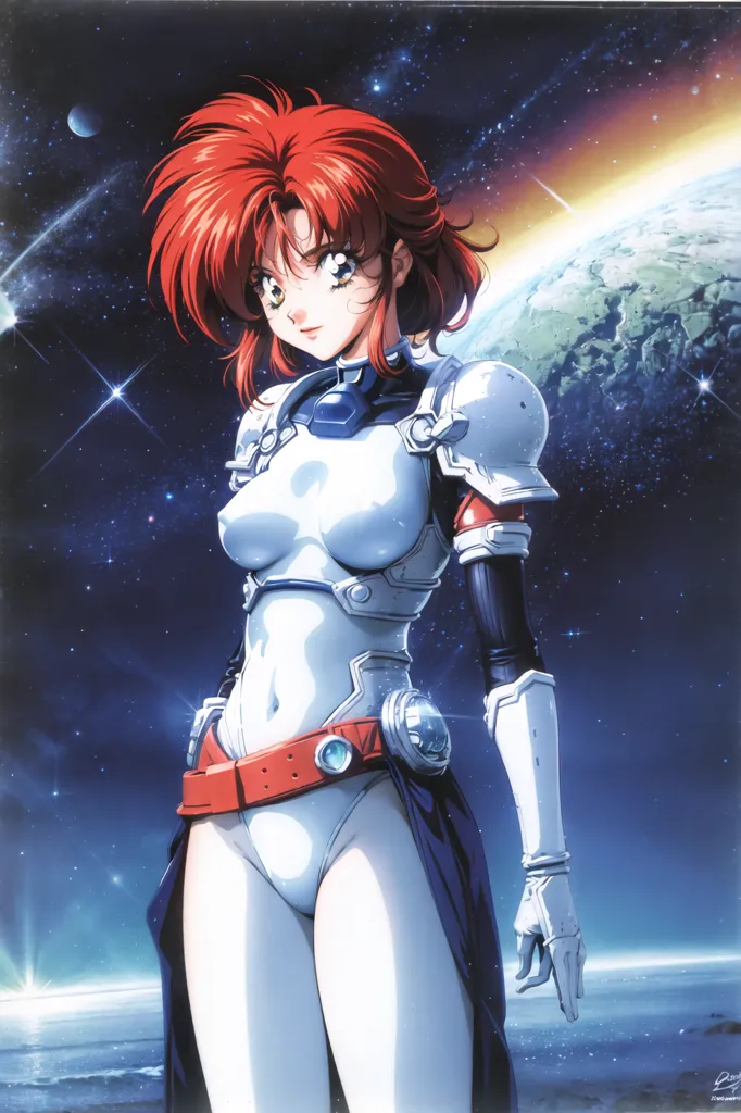 The image is an anime-style illustration of a young woman. She has red hair and green eyes, and she is wearing a white and blue bodysuit. She is also wearing a red belt and a pair of white gloves. The woman is standing in front of a blue background, and there are stars and a planet in the distance.