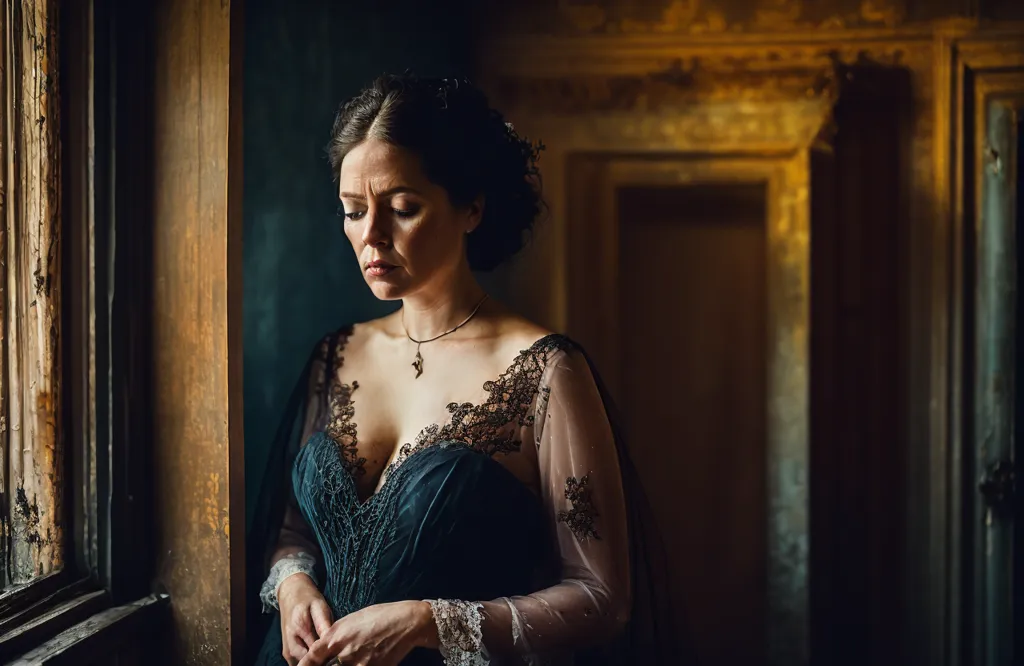 The photo shows a woman in a black dress with a lace overlay. She is standing in a dark room with her hands folded in front of her. The light from the window is casting shadows on her face. She has a sad expression on her face.