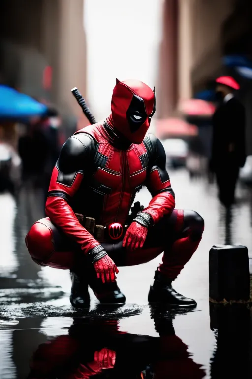 The image shows Deadpool, a Marvel Comics superhero, crouching in a rainy street. He is wearing his signature red and black suit and mask, and is armed with two katanas. The street is empty, except for a few people in the background. The rain is reflecting the lights of the city, and Deadpool's reflection is visible in the puddle of water on the ground.