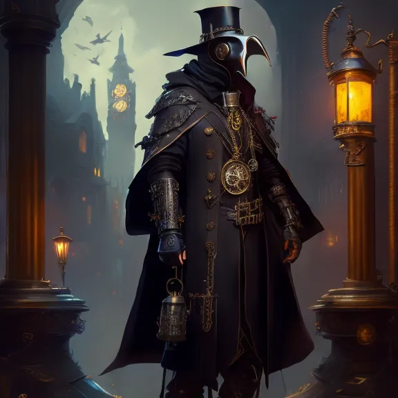 The image is a dark and mysterious figure wearing a plague doctor's mask and a long black coat. He is standing in a dark alleyway, surrounded by fog and mist. The only light comes from a single lamppost. The figure is holding a lantern in his hand, and he is looking out at the viewer with a cold, calculating expression in his eyes. He is wearing a hat and a mask with a long beak-like nose. The figure is also wearing a long black coat and boots. He is carrying a staff with a lantern on the end of it. The image is full of mystery and intrigue, and it leaves the viewer wondering who the figure is and what he is doing.