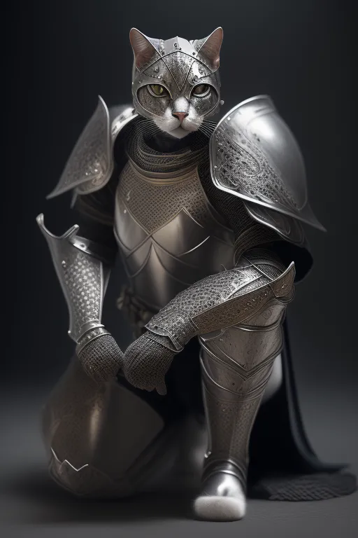 The image shows a cat wearing a suit of armor. The cat is kneeling on one knee, its head turned slightly to the viewer's left. The armor is made of metal and covers the cat's entire body. The cat's feet are encased in metal boots, and its tail is wrapped in a metal sheath. The cat's eyes are narrowed, and its expression is one of determination. The background is dark, with a spotlight shining down on the cat.