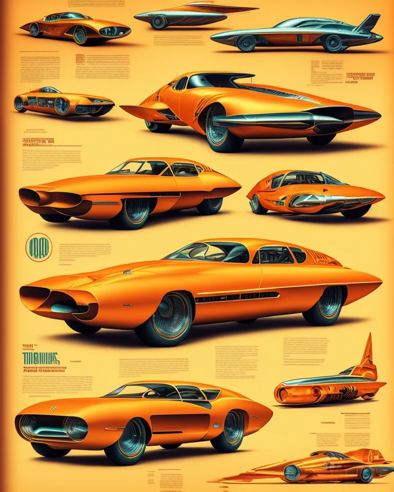 The image shows a collection of futuristic cars from the 1950s and 1960s. The cars are all rendered in a realistic style and are shown in various colors. The cars are all very sleek and aerodynamic, and they have a variety of features that make them look like they are from the future. Some of the cars have wings, while others have jet engines. The cars are all very different, but they all share a common theme of being very futuristic.