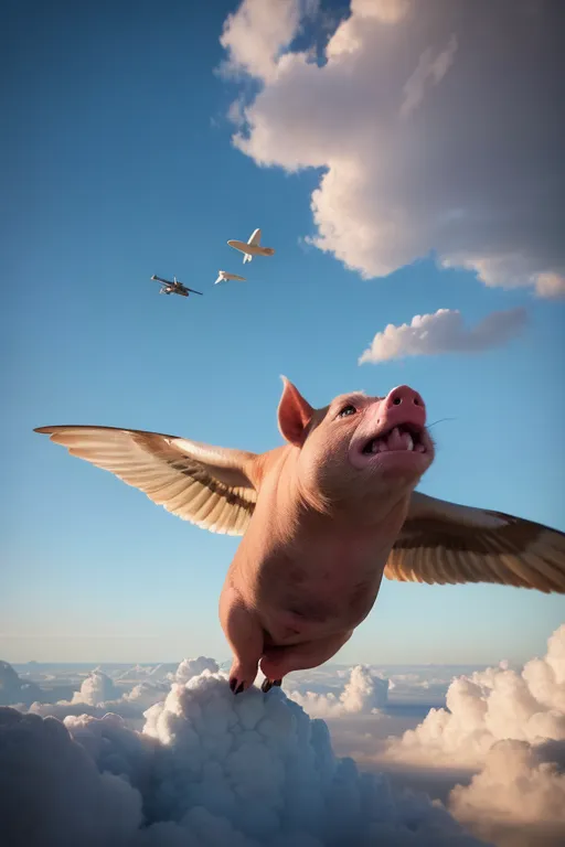 A imagem mostra um porco com asas voando no céu. O porco é rosa e tem uma cauda enrolada. Ele está voando com as asas abertas e a boca aberta. Há três aviões no céu atrás do porco. O céu é azul e há nuvens brancas.