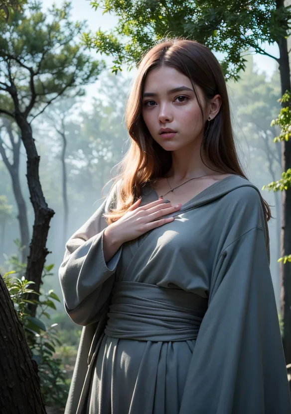 The picture shows a beautiful young woman, with long, flowing brown hair. She is wearing a simple, yet elegant, gray kimono-style dress, which is tied at the waist with a dark gray sash. The woman's right hand is gently resting on her chest, just above her heart. She has a serene expression on her face, and her eyes are looking directly at the viewer. The background of the picture is a blurred forest scene, with trees and foliage in various shades of green.