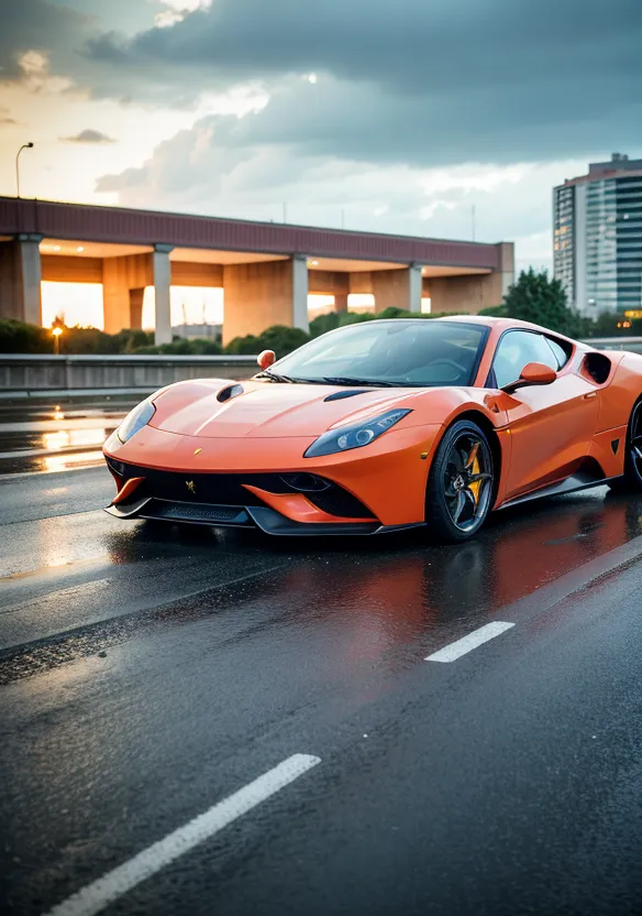 A bright orange sports car is on an asphalt road with white lane markings.  The car is in the foreground and slightly angled to the right.  The background has a concrete bridge overpass and an urban skyline with tall buildings.  The sky is cloudy and there is a hint of sunlight peeking through.  The road is wet from rain and the car's headlights and taillights are on.