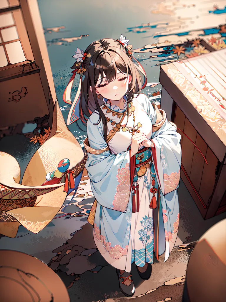 The image is of an anime girl with long brown hair and brown eyes. She is wearing a traditional Chinese dress with a white and blue floral pattern. She is standing in a courtyard with a wooden fence in the background. There is a table to her right and a lantern on the ground to her left. The girl is looking down with a sad expression on her face.