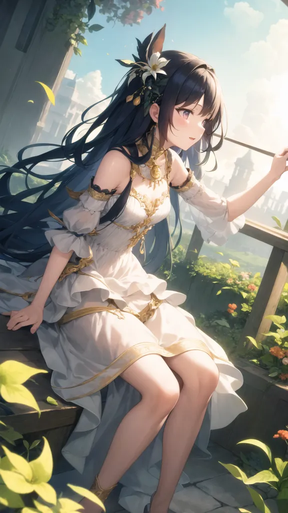 La imagen es una pintura de una hermosa chica de anime con cabello negro largo y ojos morados. Ella está usando un vestido blanco con adornos dorados y una flor en su cabello. Ella está sentada en un balcón, mirando hacia un jardín. Hay plantas y flores a su alrededor. El sol brilla intensamente y el cielo es azul. La chica está sonriendo y se ve feliz.