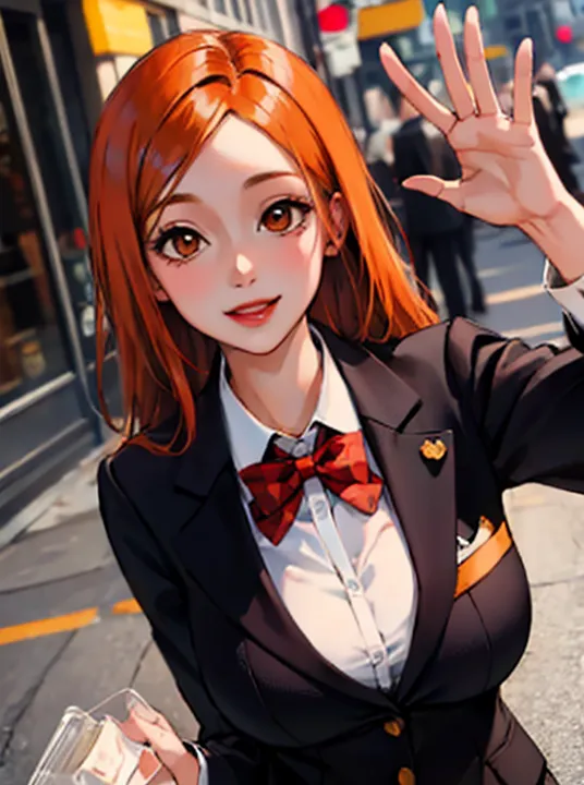 This is an image of a young woman, who appears to be a student, with long orange hair and brown eyes. She is wearing a white dress shirt, a red bow tie, and a black suit jacket. She is also wearing a brown bag over her shoulder. She is standing in a city street, and she is smiling and waving at someone off-camera.