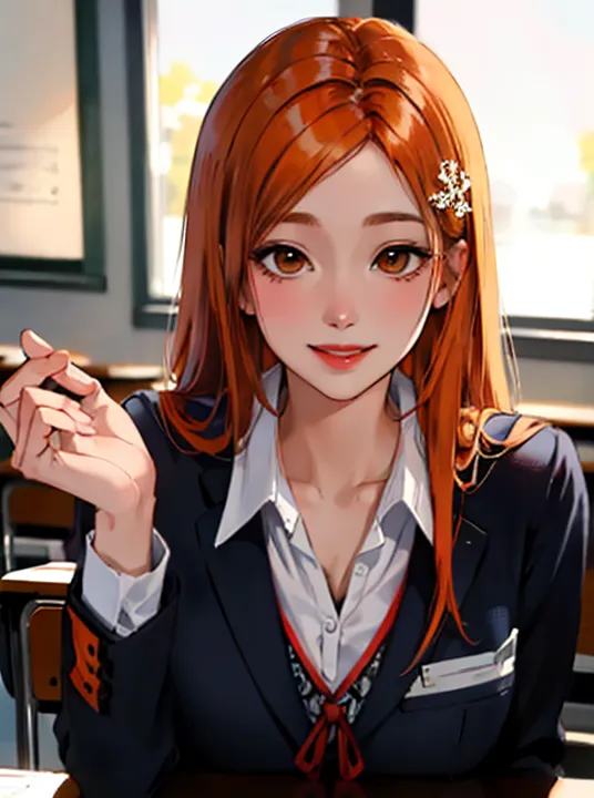 L'image montre une jeune femme aux longs cheveux orange et aux yeux bruns. Elle porte une chemise blanche, une veste de costume noire et une cravate rouge avec un col blanc. Elle est assise dans une salle de classe et a un sourire confiant sur le visage.