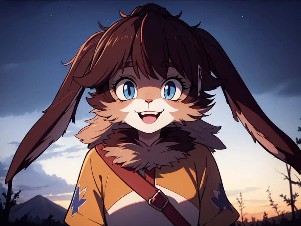 The image is a cartoon rabbit girl with brown hair and blue eyes. She is wearing a yellow shirt with a white collar and brown fur trim. She has a brown belt with a silver buckle, and there is a star on the left side of her shirt. She is standing in front of a mountain range at sunset. The sky is a gradient of orange and blue, and there are some stars in the sky. The rabbit girl is smiling.