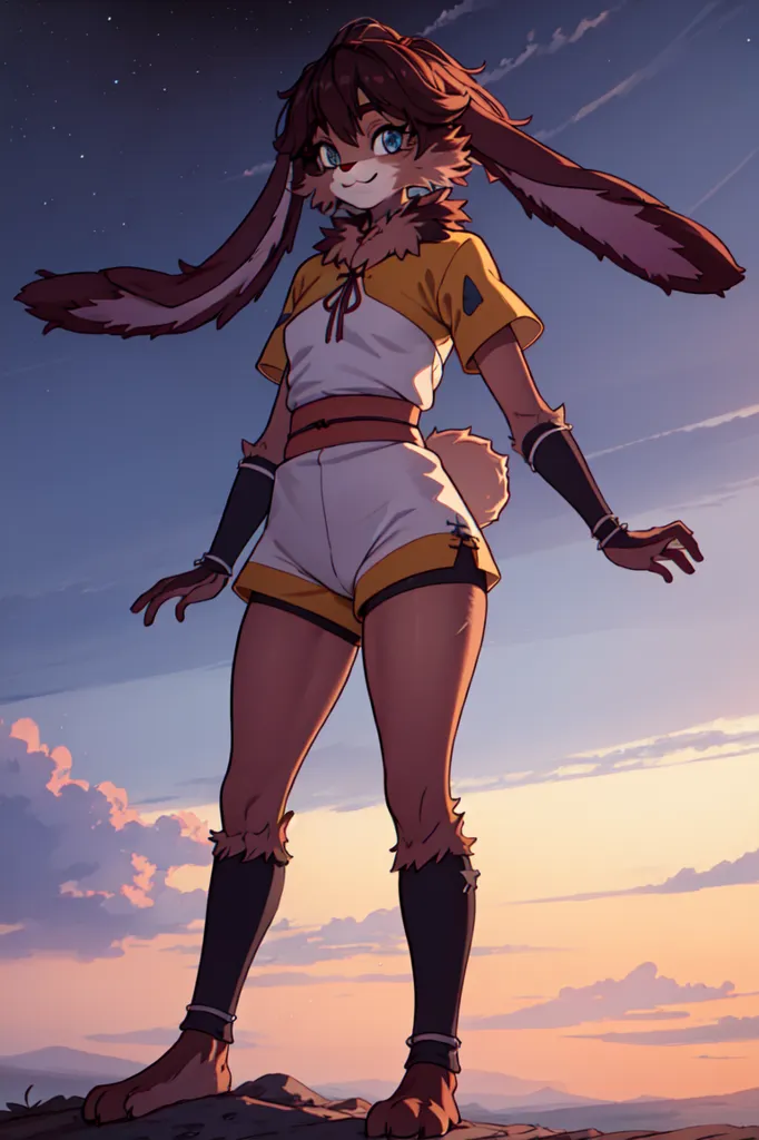 The image is of a young woman with brown hair and rabbit ears. She is wearing a yellow and white outfit and is standing on a rock with her arms outstretched. The background is a sunset sky with clouds.