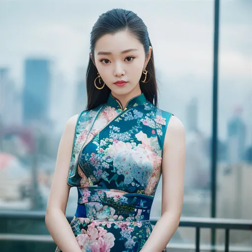 A imagem mostra uma jovem mulher usando um cheongsam sem mangas com um padrão floral. O cheongsam é azul com bordados florais rosa e verde e tem um colarinho alto. A mulher tem cabelos pretos longos e está usando brincos de argola. Ela está em pé em frente a um fundo desfocado de uma cidade.