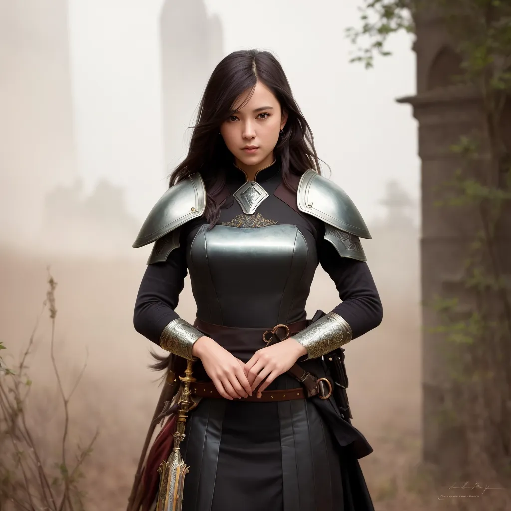 The image shows a young woman dressed in black leather armor. She has a sword at her side and a determined expression on her face. She is standing in a ruined city, with a large stone column behind her. The city is in ruins, with broken buildings and rubble everywhere. The sky is dark and cloudy, with a hint of light in the distance. The woman is clearly a warrior, and she is ready for battle.