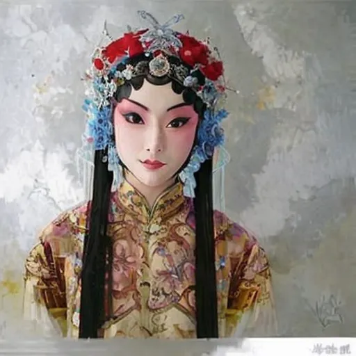 Uma mulher usando um tradicional chapéu de ópera chinesa e um figurino é retratada na imagem. O chapéu é vermelho e adornado com flores e outras decorações, enquanto o figurino é amarelo e possui padrões intrincados. O rosto da mulher está pintado com maquiagem branca e tem uma expressão serena.