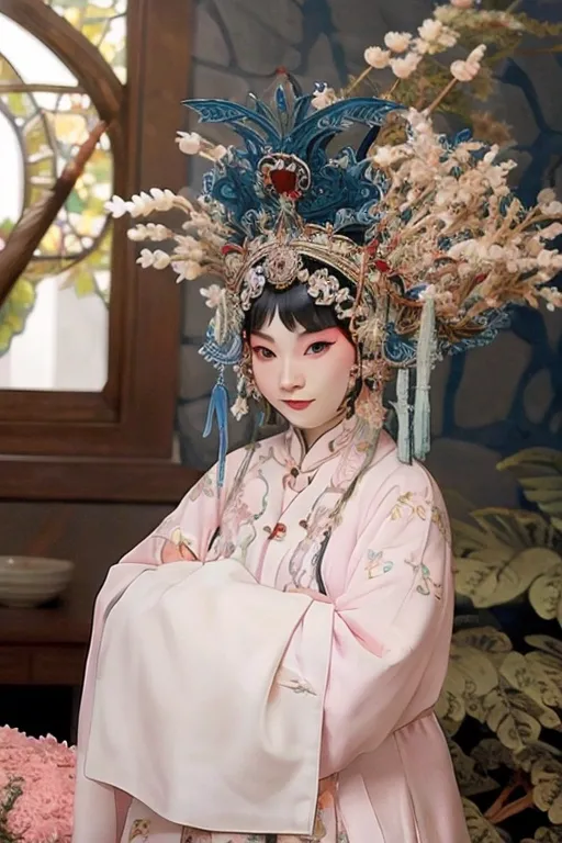 The picture shows a young woman in a traditional Chinese opera costume. She is wearing a pink jacket with white sleeves and a long white skirt. Her head is adorned with a large and elaborate headdress with blue and green accents. The woman's makeup is also very dramatic, with heavy eyeliner and blush. She is standing in front of a win